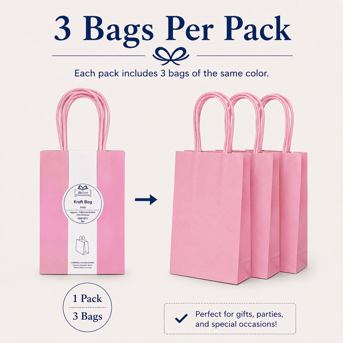 Large Kraft Gift Bags, 3 Pack, 9 Colors Available