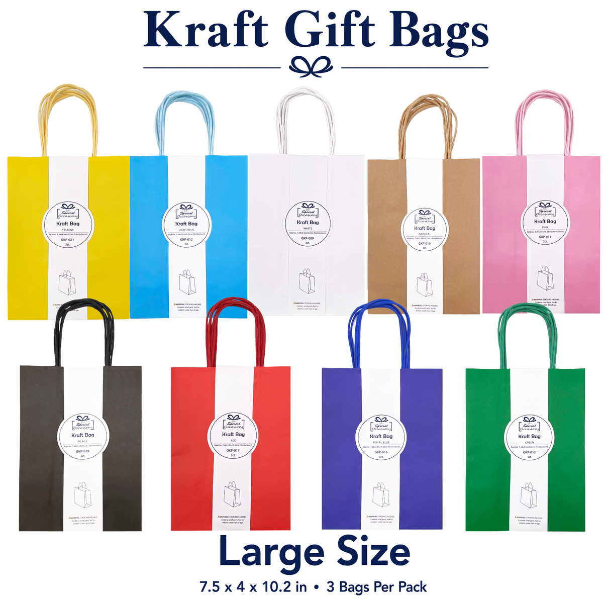 Large Kraft Gift Bags, 3 Pack, 9 Colors Available