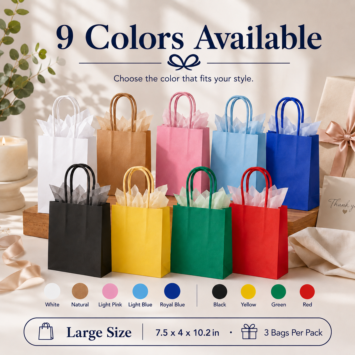 Large Kraft Gift Bags, 3 Pack, 9 Colors Available